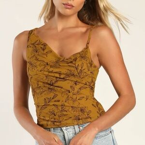 lulus gorgeous energy dark mustard floral asymmetrical cowl neck top